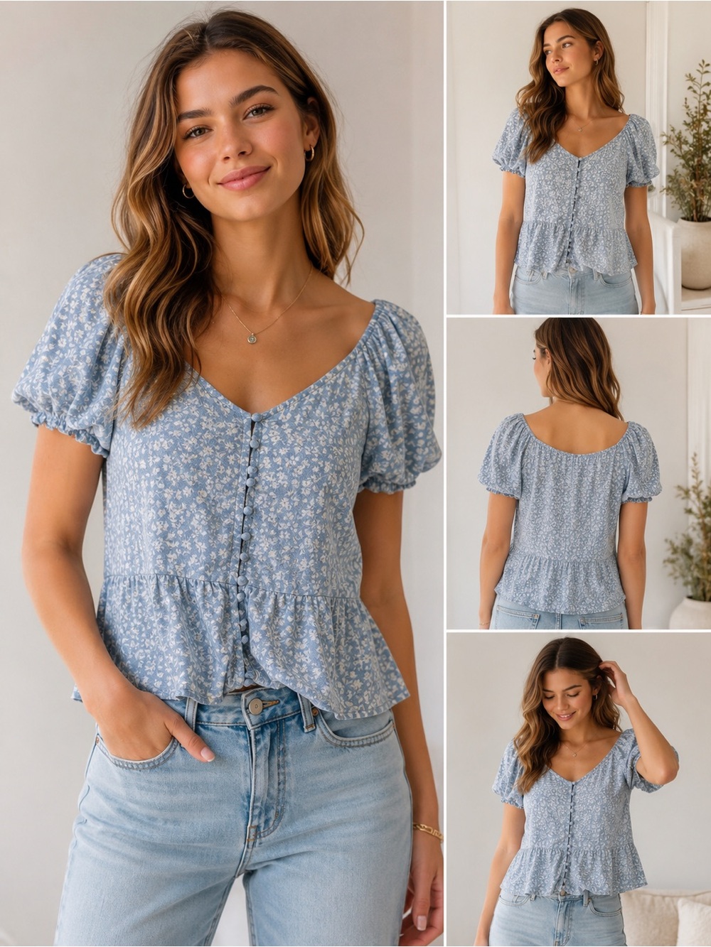 URBAN Romantics Light Blue Floral Button-Front Peplum Blouse